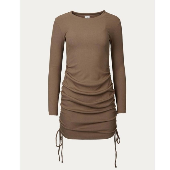 BY TOGETHER ruched ribbed stretch modal mini dress in Cocoa Brown Medium - Picture 1 of 8